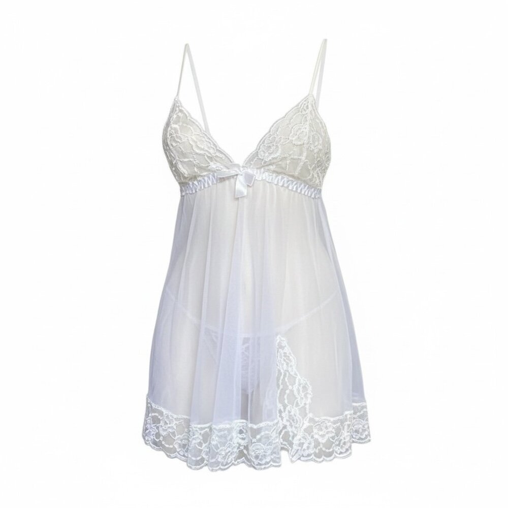 Frederick's of Hollywood Sheer w/ Lace Accents Babydoll Chemise Sz S White #158i